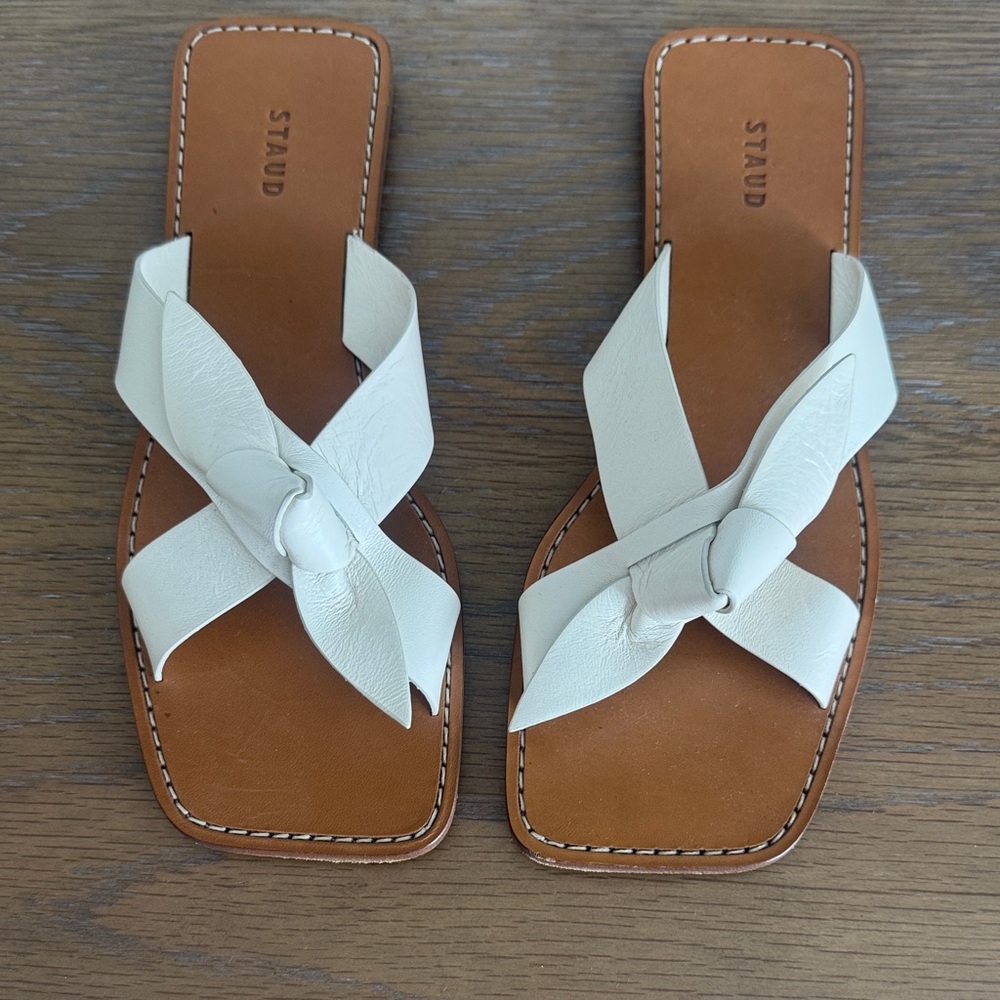 STAUD Cream Leather Knot Sandals